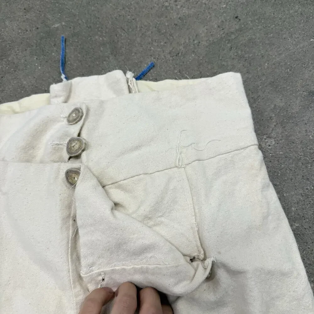 Vintage 1930s French Linen Sailor Fall Front Ivory Pants 29x31.5 Back Lace Up